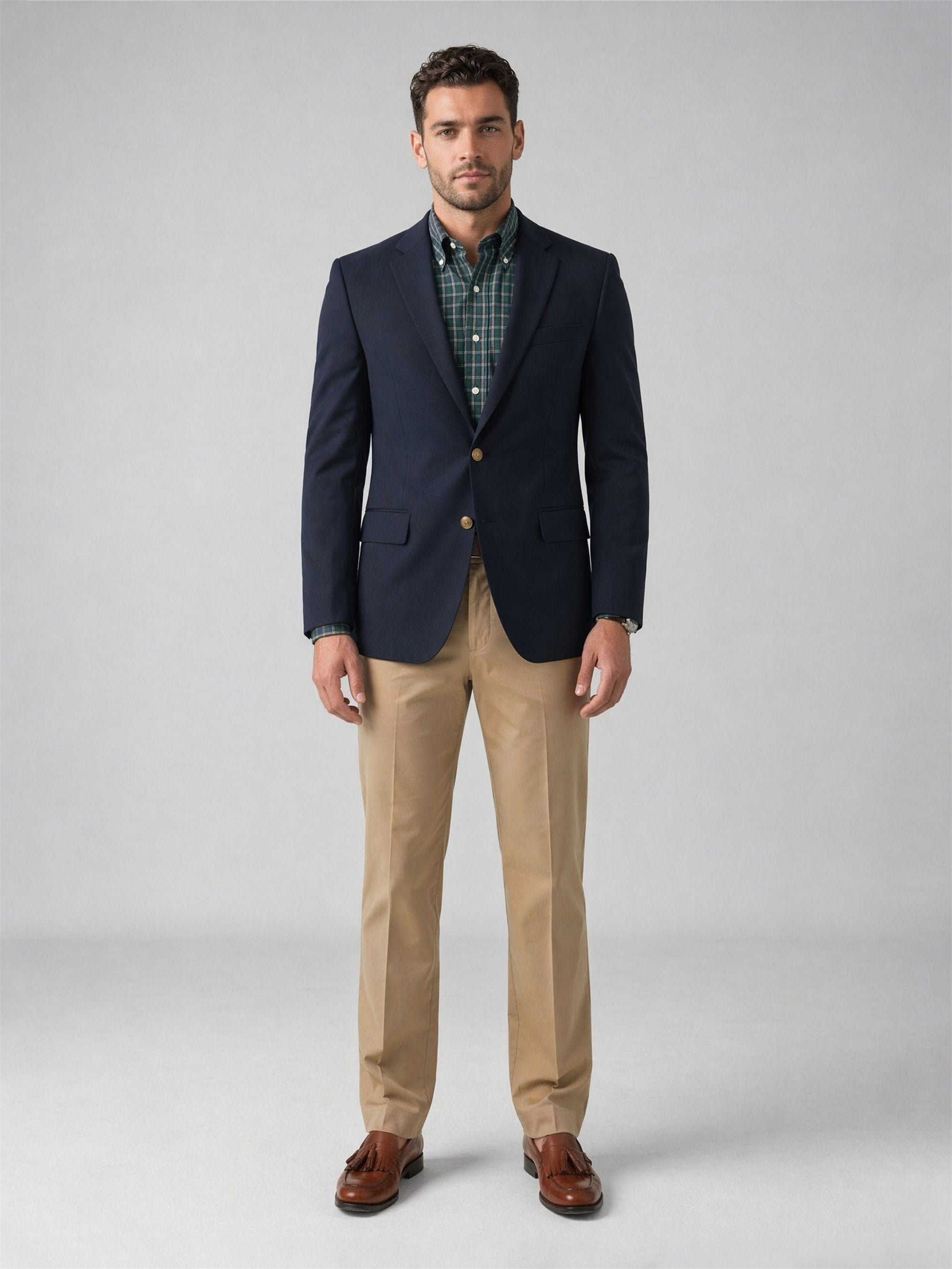 Savile Navy Gold Button Blazer – Full body front view standing