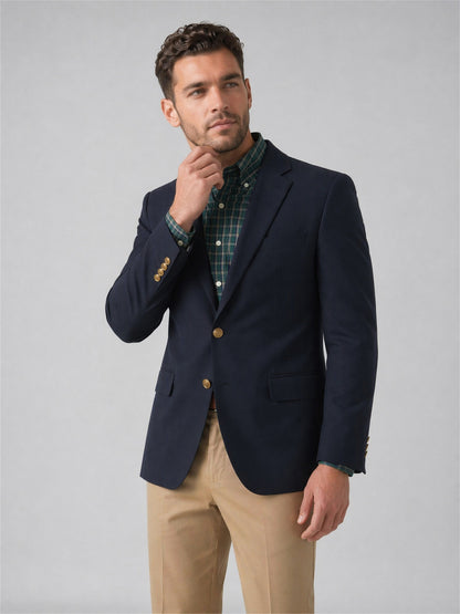 Savile Navy Gold Button Blazer – Upper body three-quarter view thinking pose