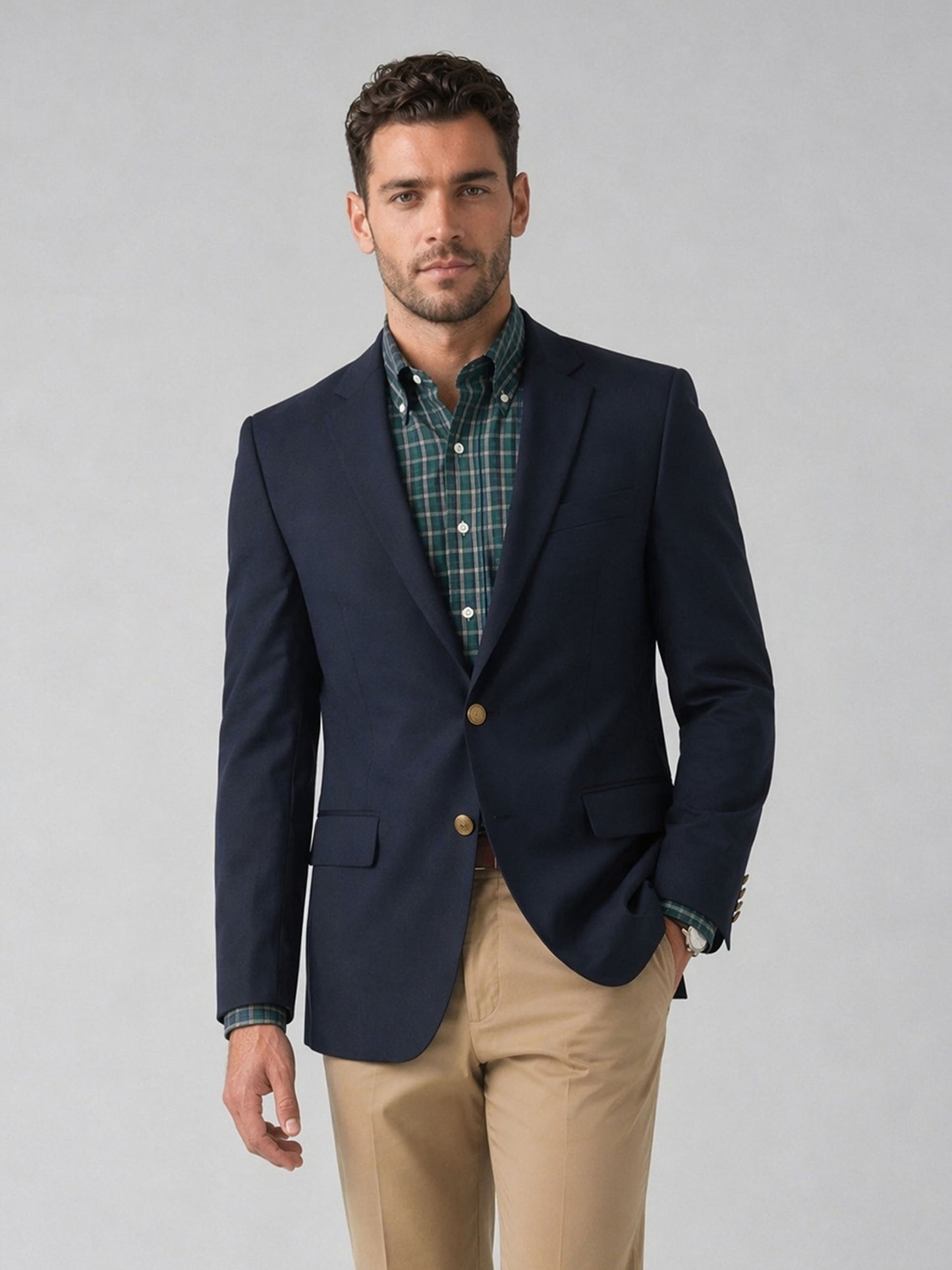Savile Navy Gold Button Blazer – Upper body front view hand in pocket