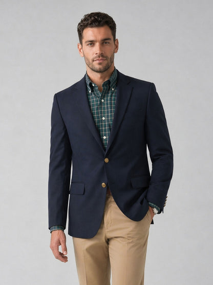 Savile Navy Gold Button Blazer – Upper body front view hand in pocket
