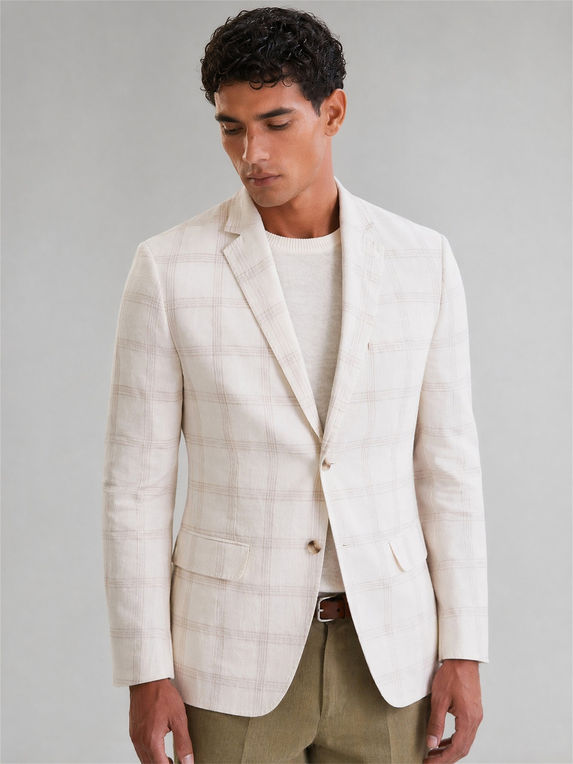 Savile Cream Windowpane Check Blazer – Upper body front view direct gaze