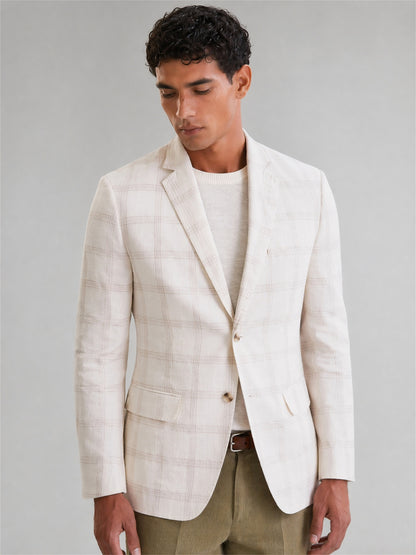 Savile Cream Windowpane Check Blazer – Upper body front view direct gaze