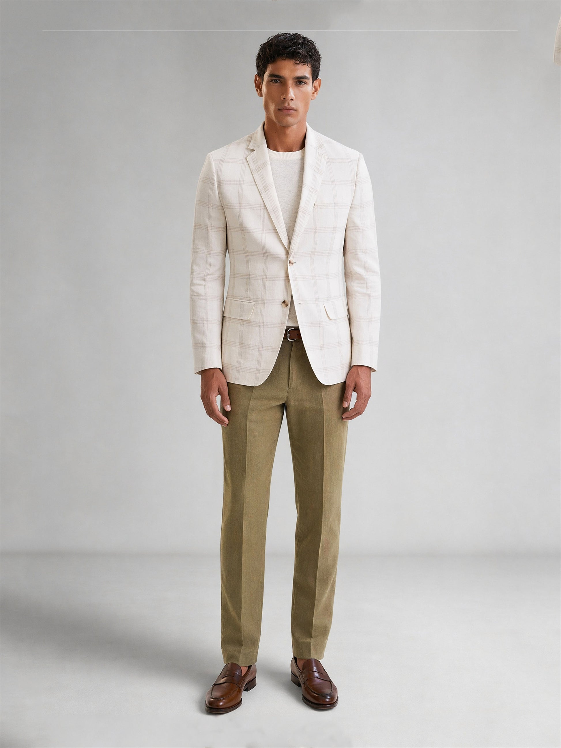 Savile Cream Windowpane Check Blazer – Upper body front view looking down
