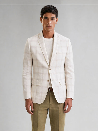 Savile Cream Windowpane Check Blazer – Full body back view showing center vent