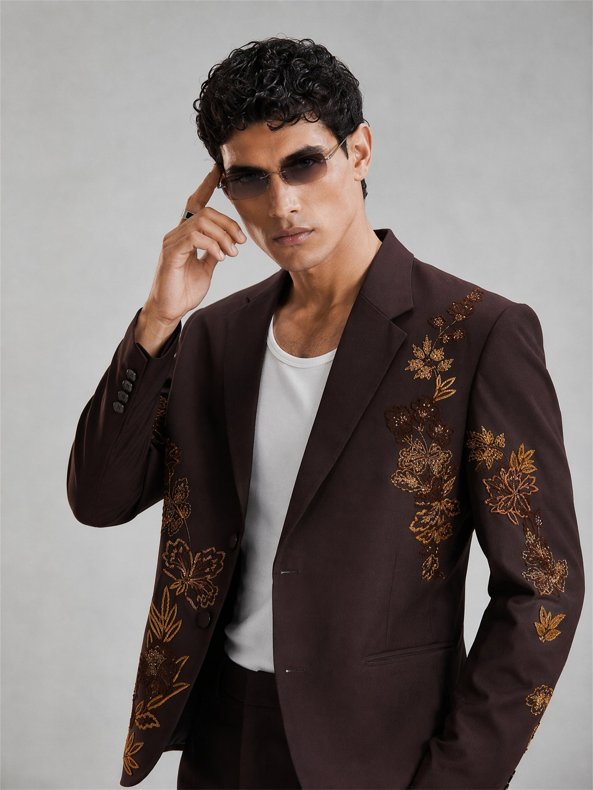 Savile Gold Floral Embroidered 2-Piece Suit – Upper body front view direct gaze