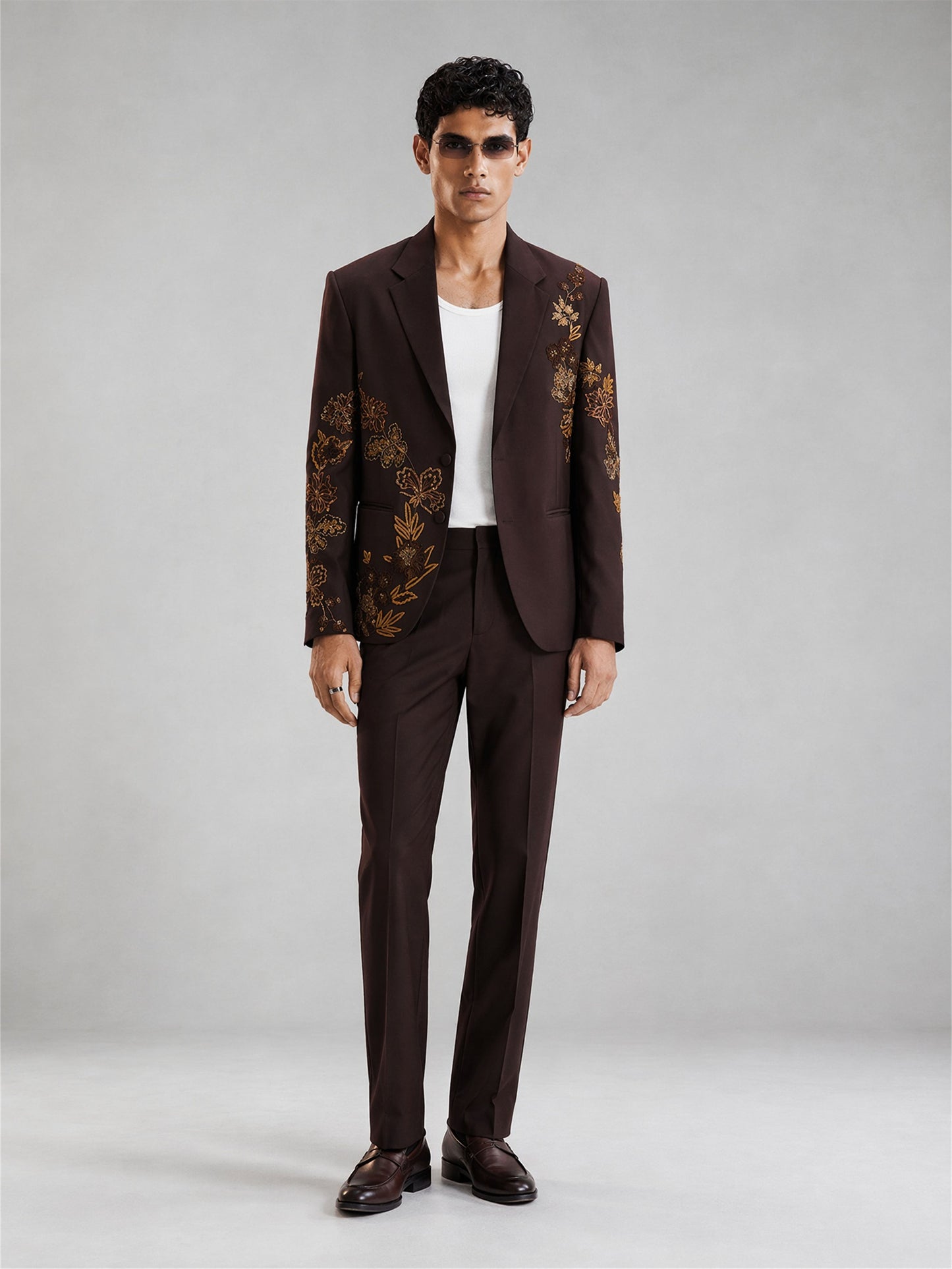 Savile Gold Floral Embroidered 2-Piece Suit – Upper body front view thinking pose