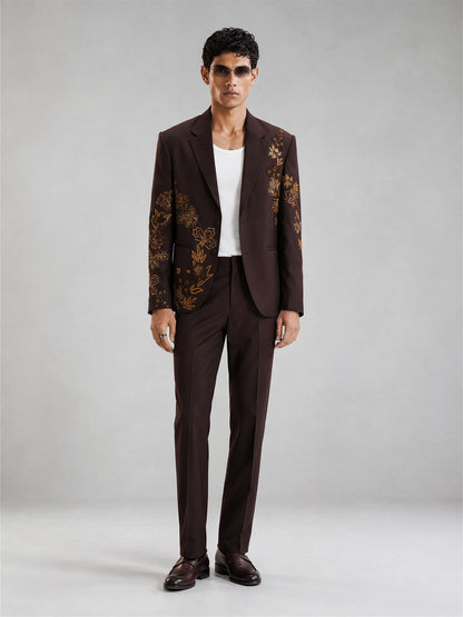 Savile Gold Floral Embroidered 2-Piece Suit – Upper body front view thinking pose