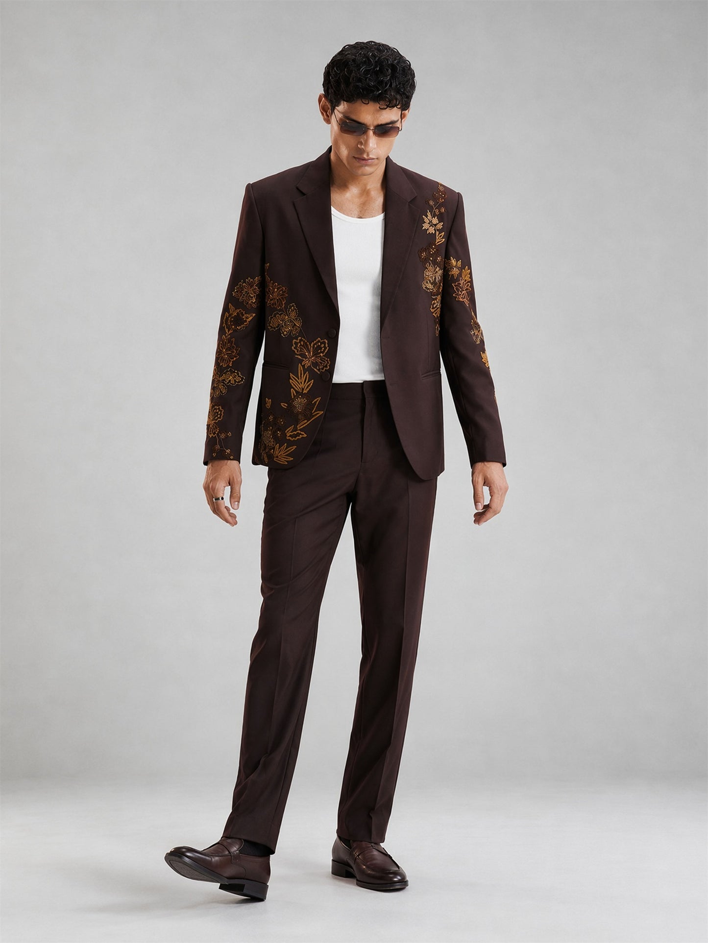 Savile Gold Floral Embroidered 2-Piece Suit – Full body front view standing