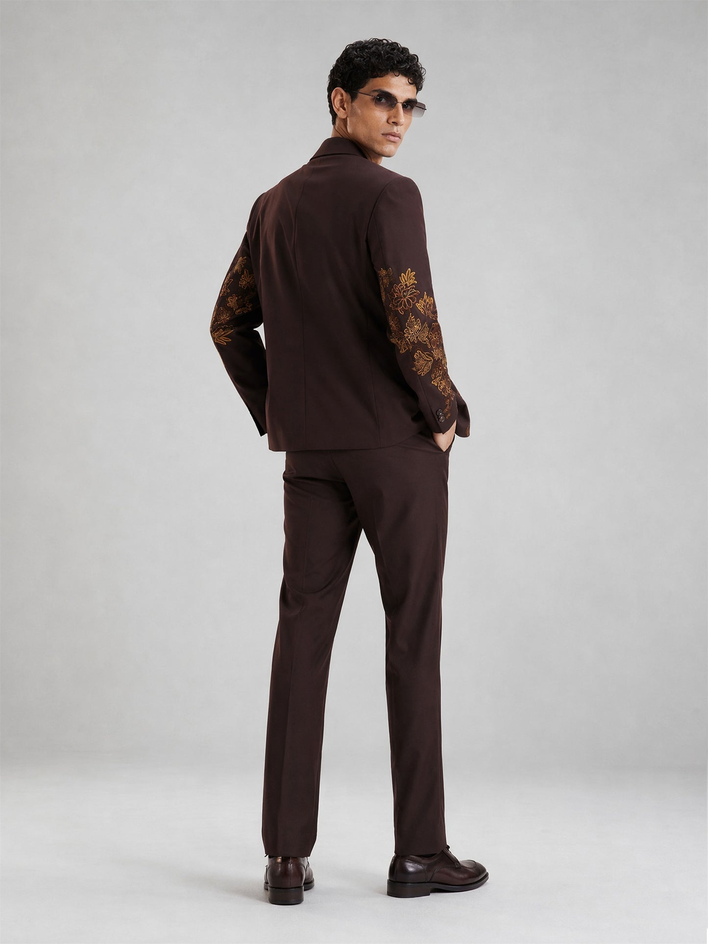Savile Gold Floral Embroidered 2-Piece Suit – Full body front view looking down