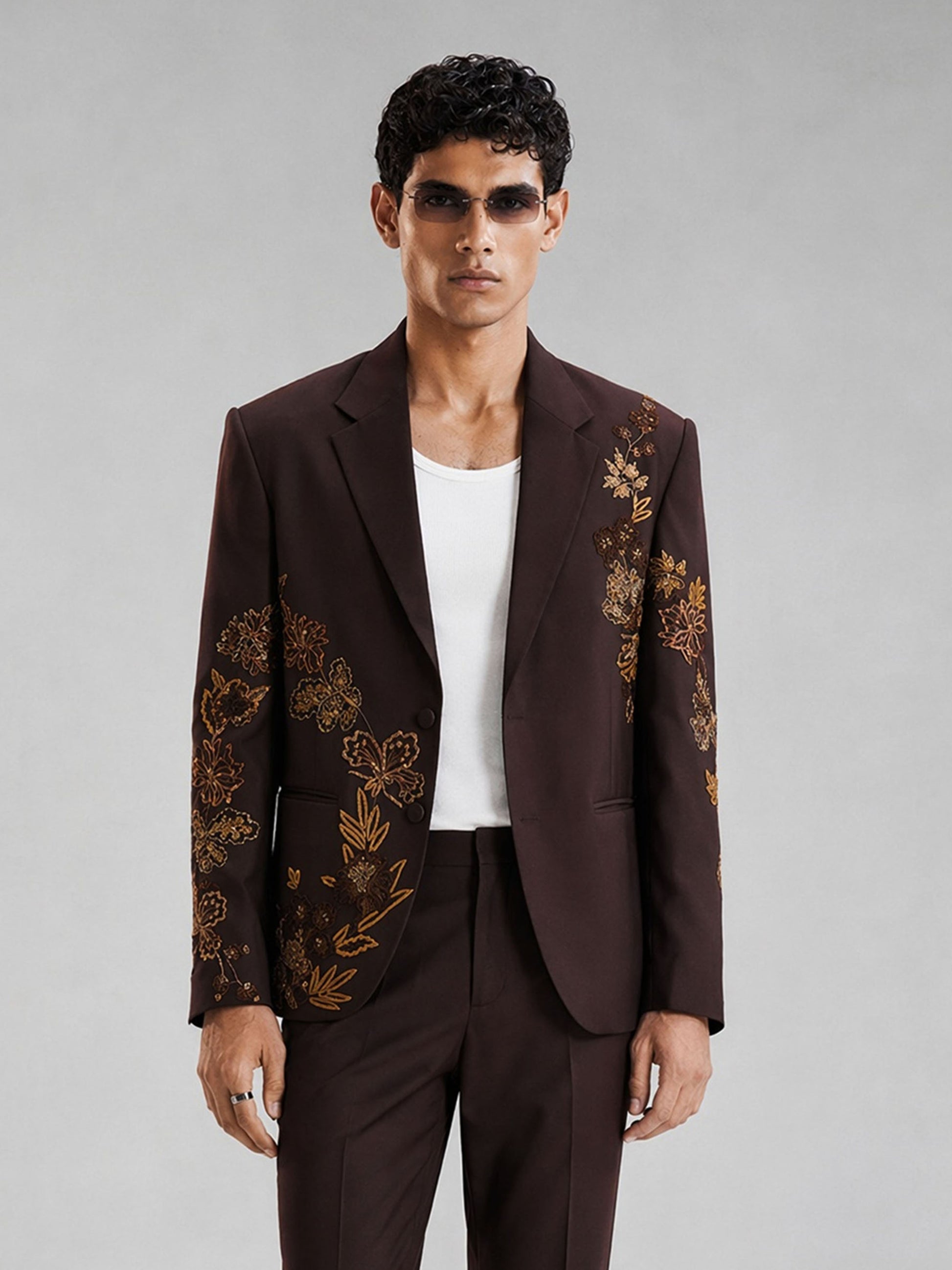 Savile Gold Floral Embroidered 2-Piece Suit – Full body back view showing embroidery on sleeves