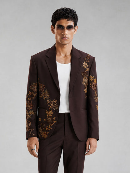 Savile Gold Floral Embroidered 2-Piece Suit – Full body back view showing embroidery on sleeves