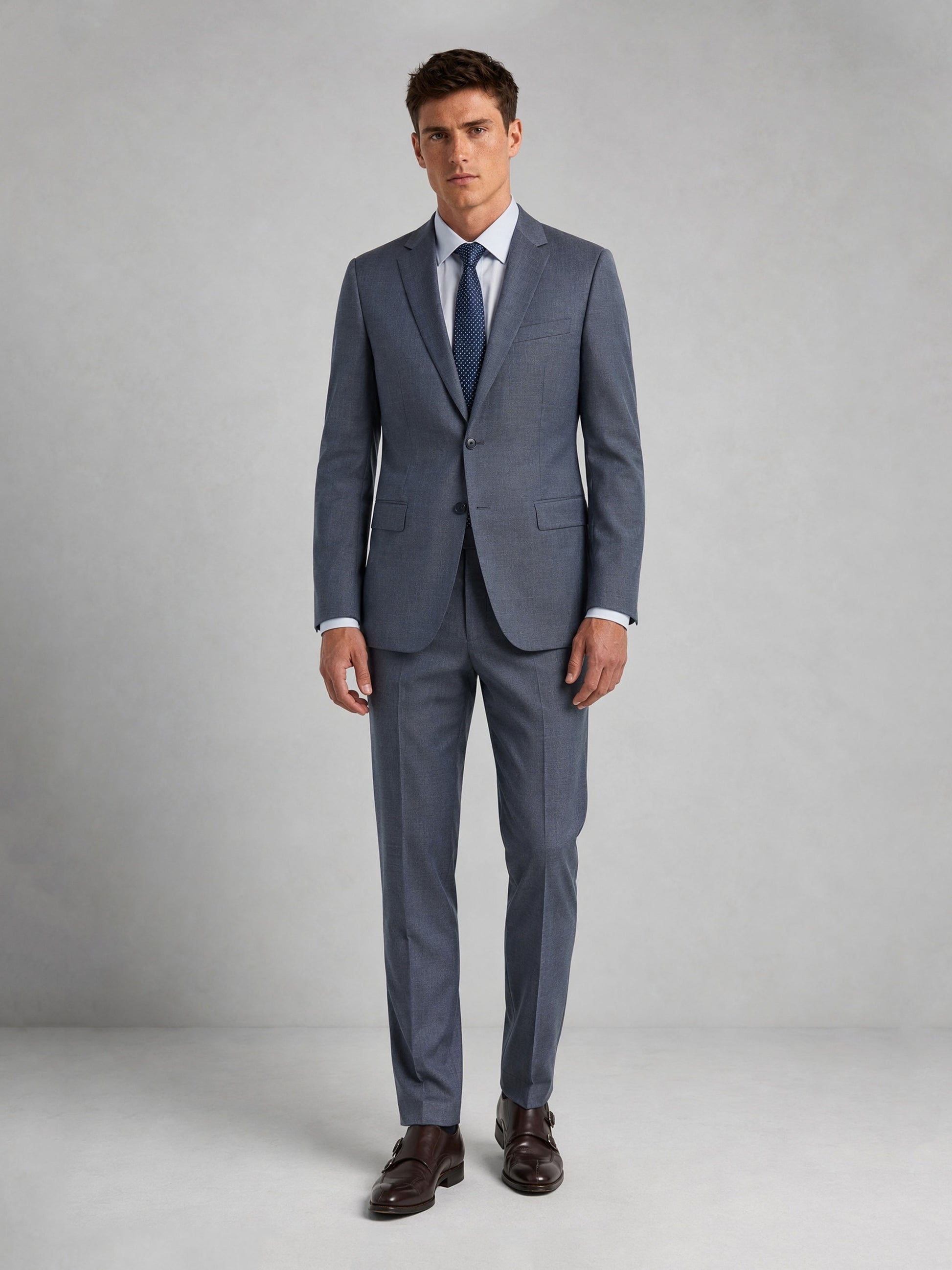 Savile Men's Steel Blue Slim-Fit 3-Piece Suit Set – Front Half Body View