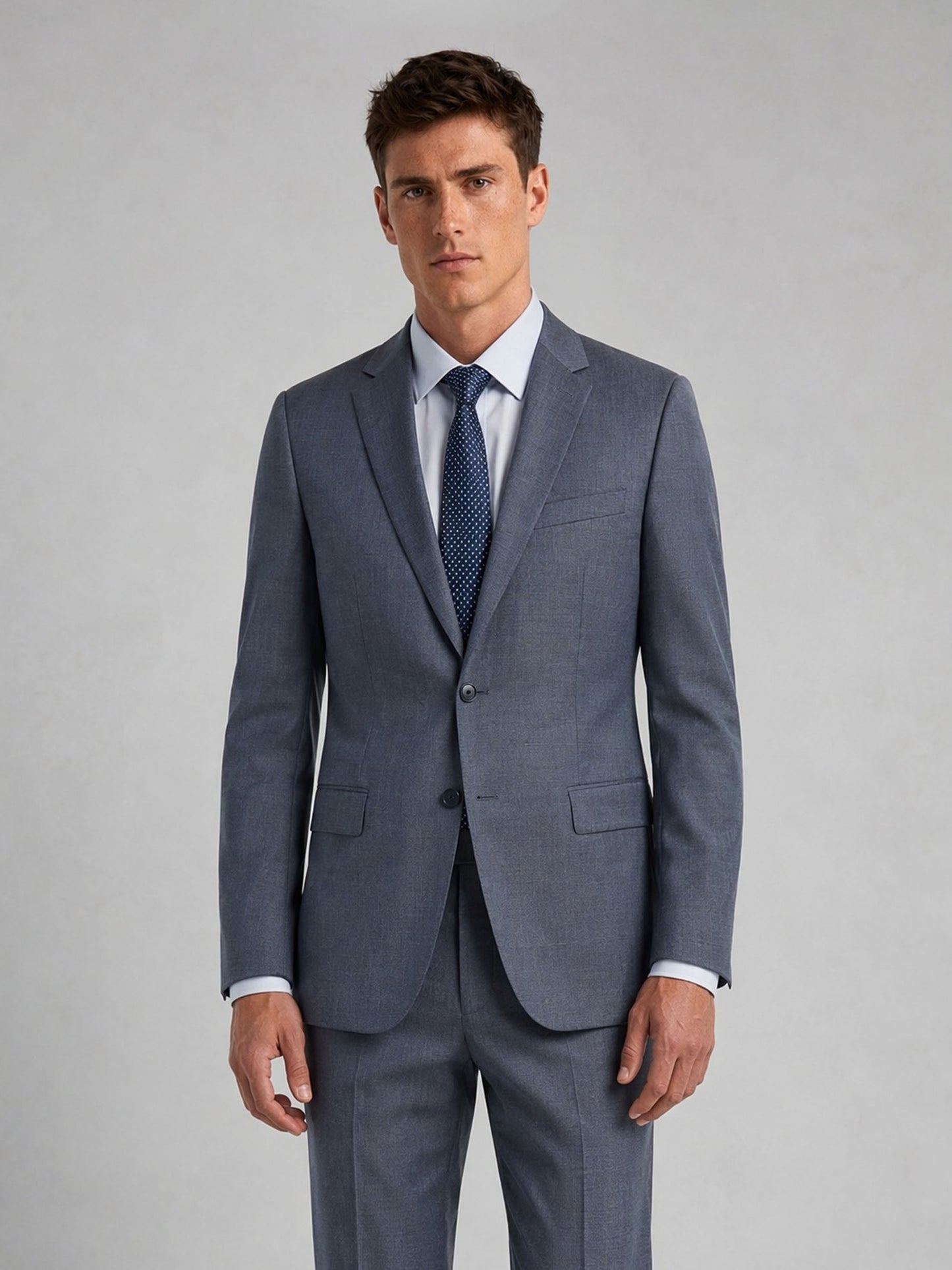 Savile Men's Steel Blue Slim-Fit 3-Piece Suit Set – Arms Crossed Detail View