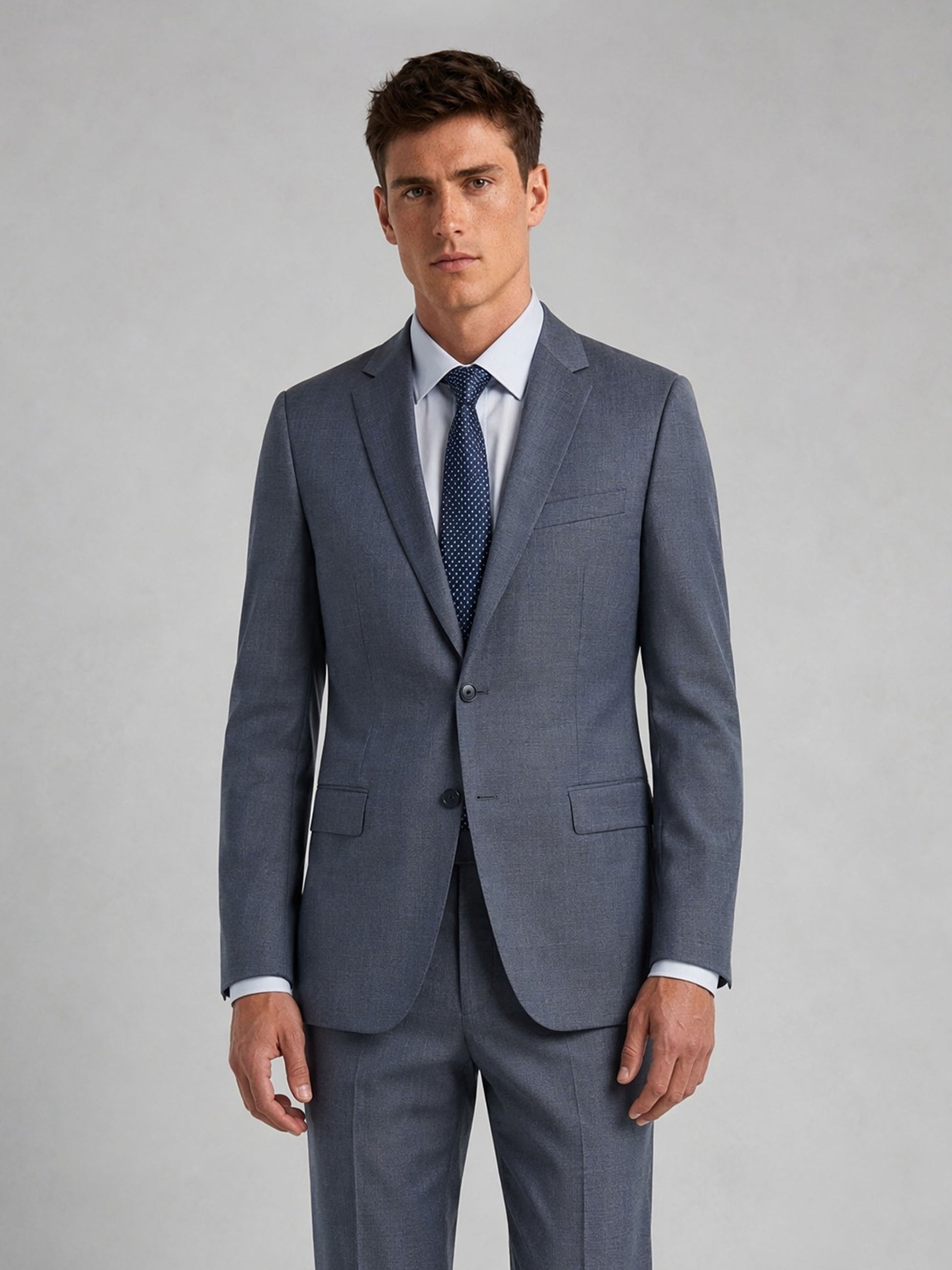 Savile Men's Steel Blue Slim-Fit 3-Piece Suit Set – Arms Crossed Detail View