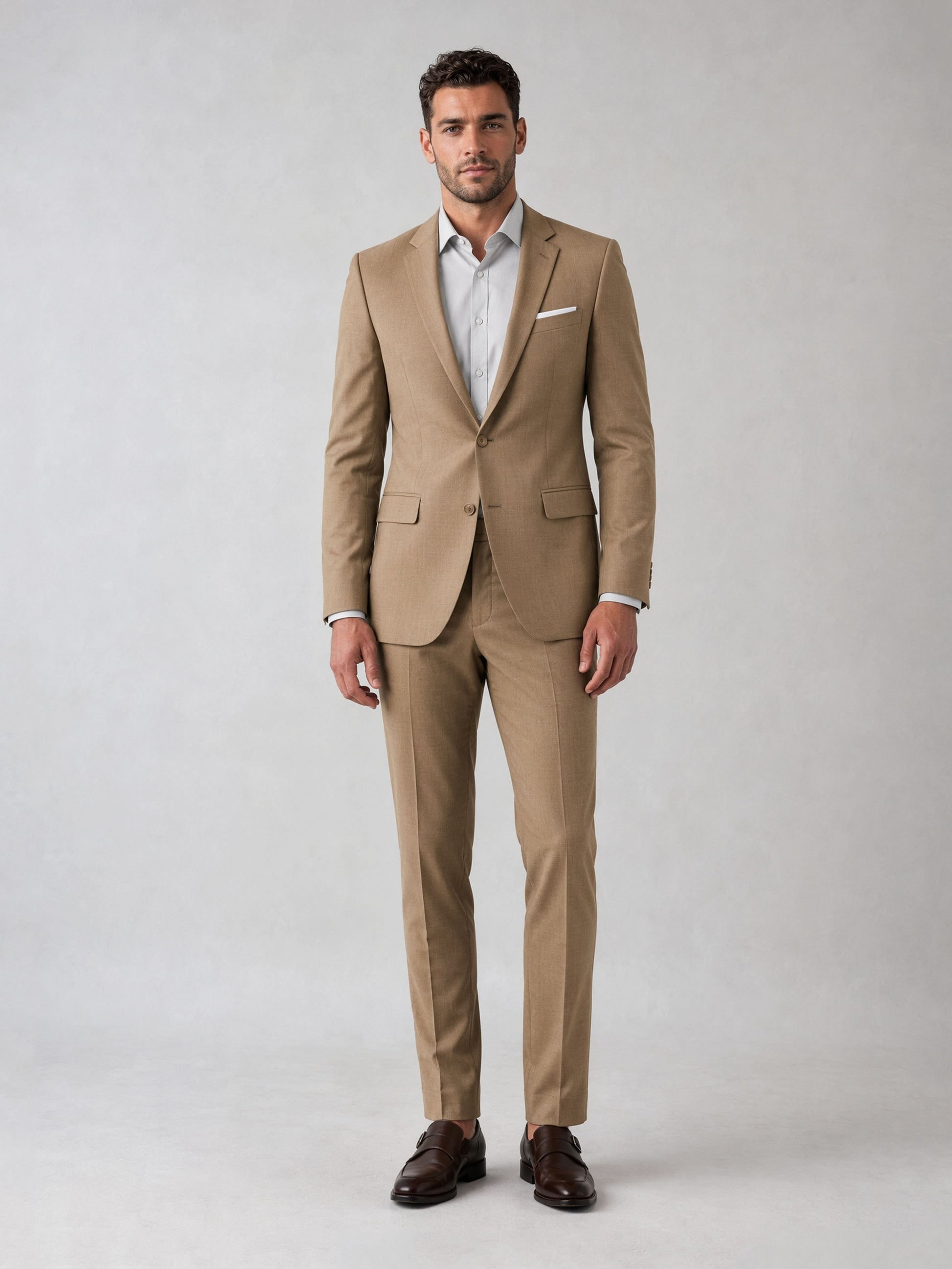 Savile Men's Khaki Tan Slim-Fit 3-Piece Suit Set – Front Half Body View