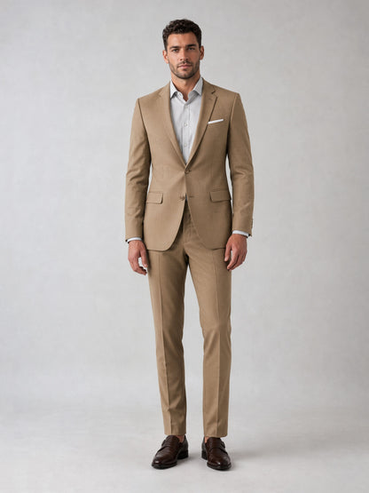 Savile Men's Khaki Tan Slim-Fit 2-Piece Suit Set – Front Half Body View