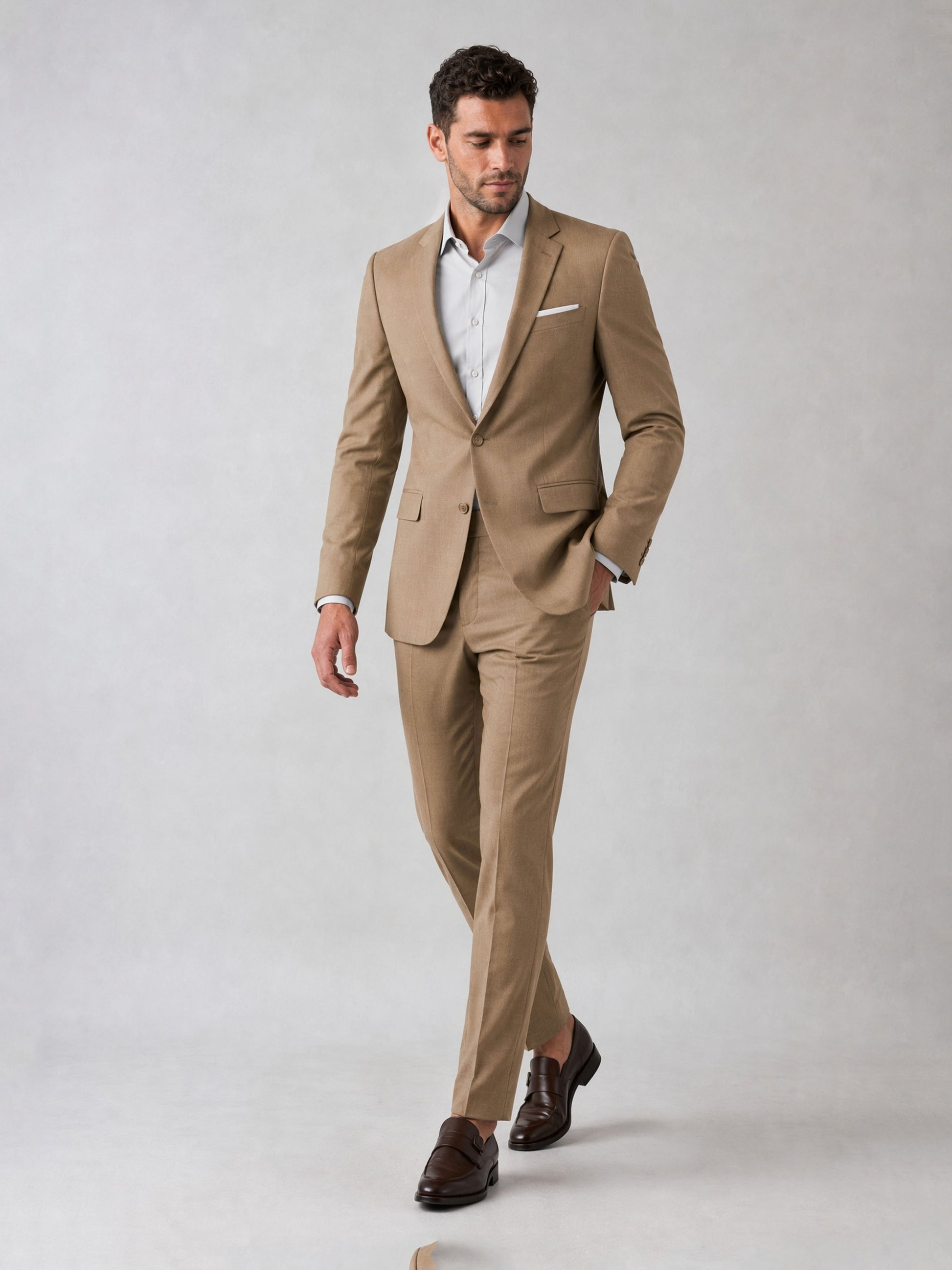 Savile Men's Khaki Tan Slim-Fit 3-Piece Suit Set – Full Body Front View