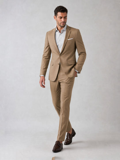 Savile Men's Khaki Tan Slim-Fit 2-Piece Suit Set – Full Body Front View