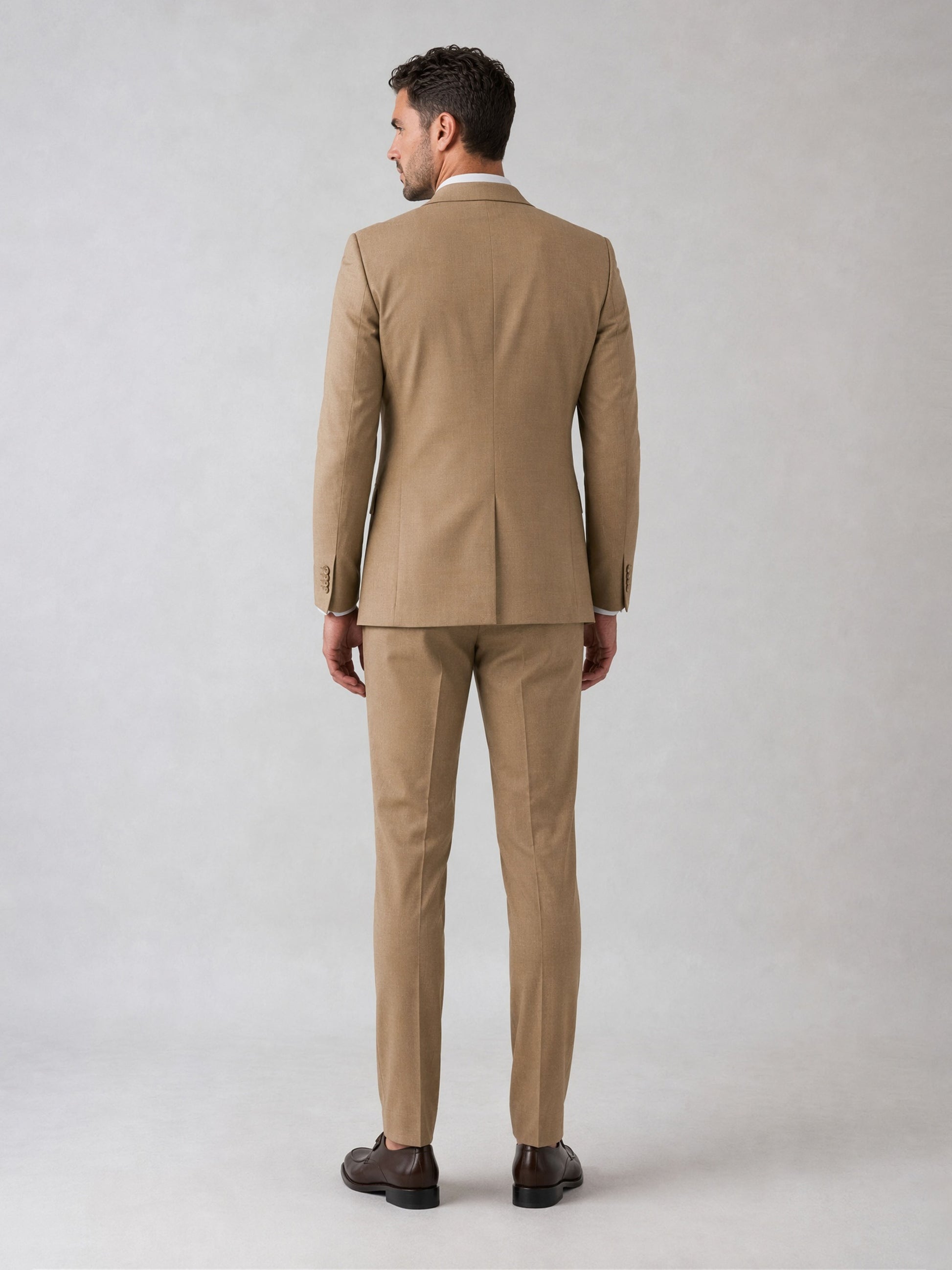 Savile Men's Khaki Tan Slim-Fit 3-Piece Suit Set – Walking Full Body View