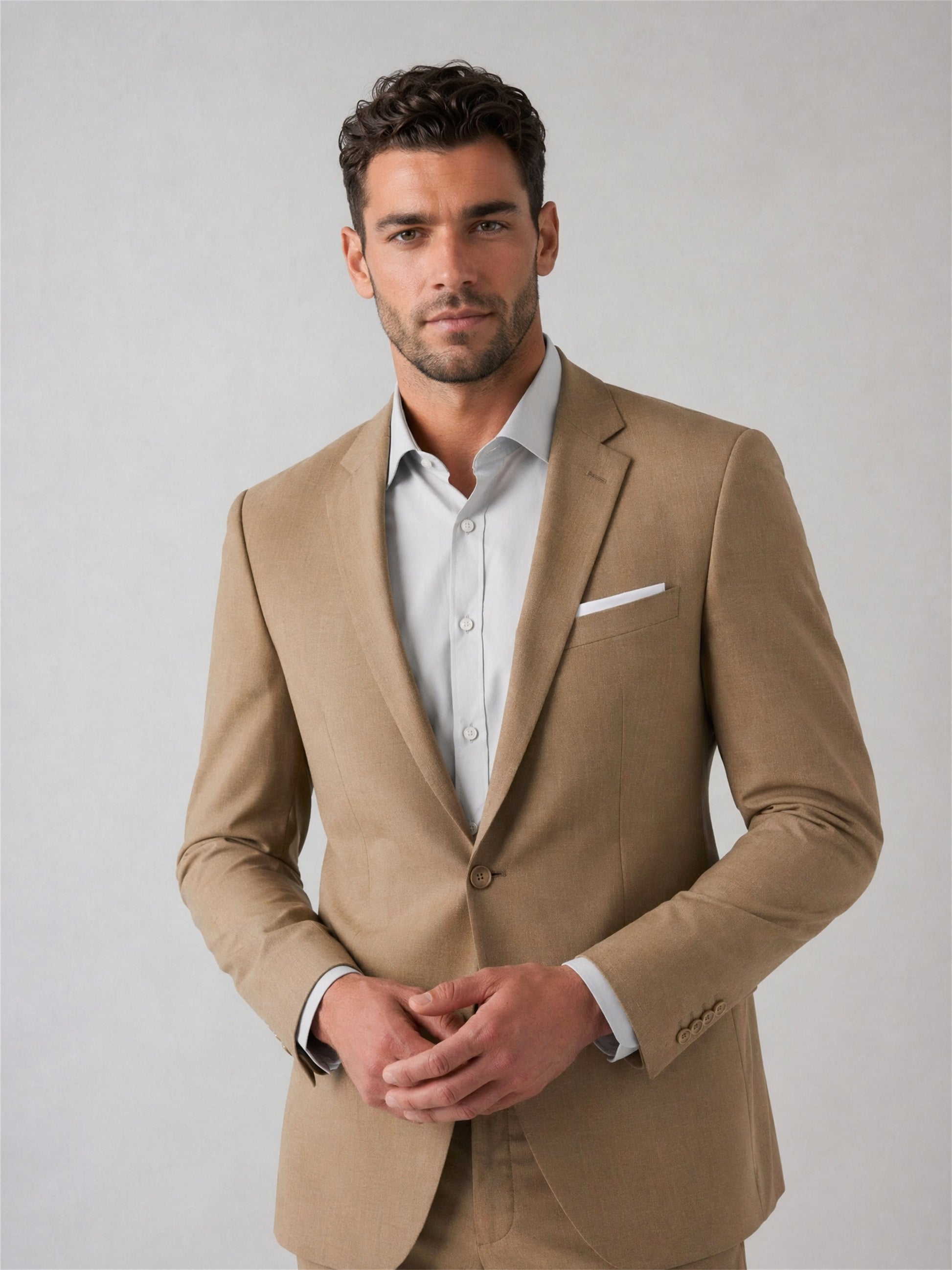 Savile Men's Khaki Tan Slim-Fit 3-Piece Suit Set – Back View