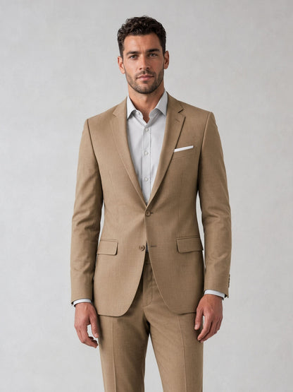 Savile Men's Khaki Tan Slim-Fit 2-Piece Suit Set – Front Detail View