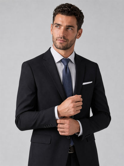 Savile Men's Black Slim-Fit 2-Piece Suit Set – Half Body Detail View