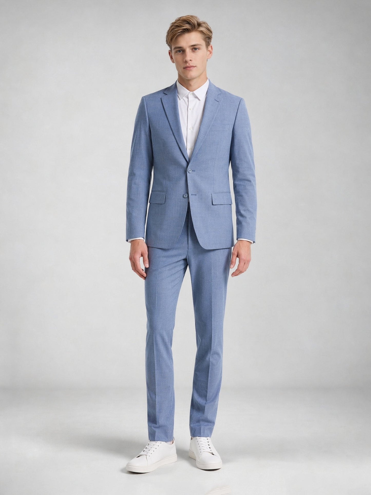 Savile Men's Light Blue Slim-Fit 3-Piece Suit Set – Full Body Front View