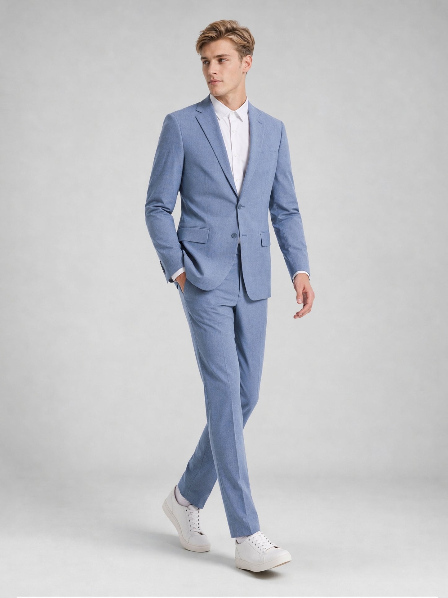 Savile Men's Light Blue Slim-Fit 3-Piece Suit Set – Walking Full Body View