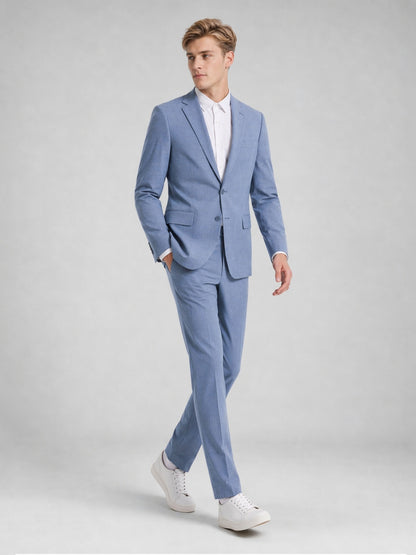 Savile Men's Light Blue Slim-Fit 2-Piece Suit Set – Walking Full Body View