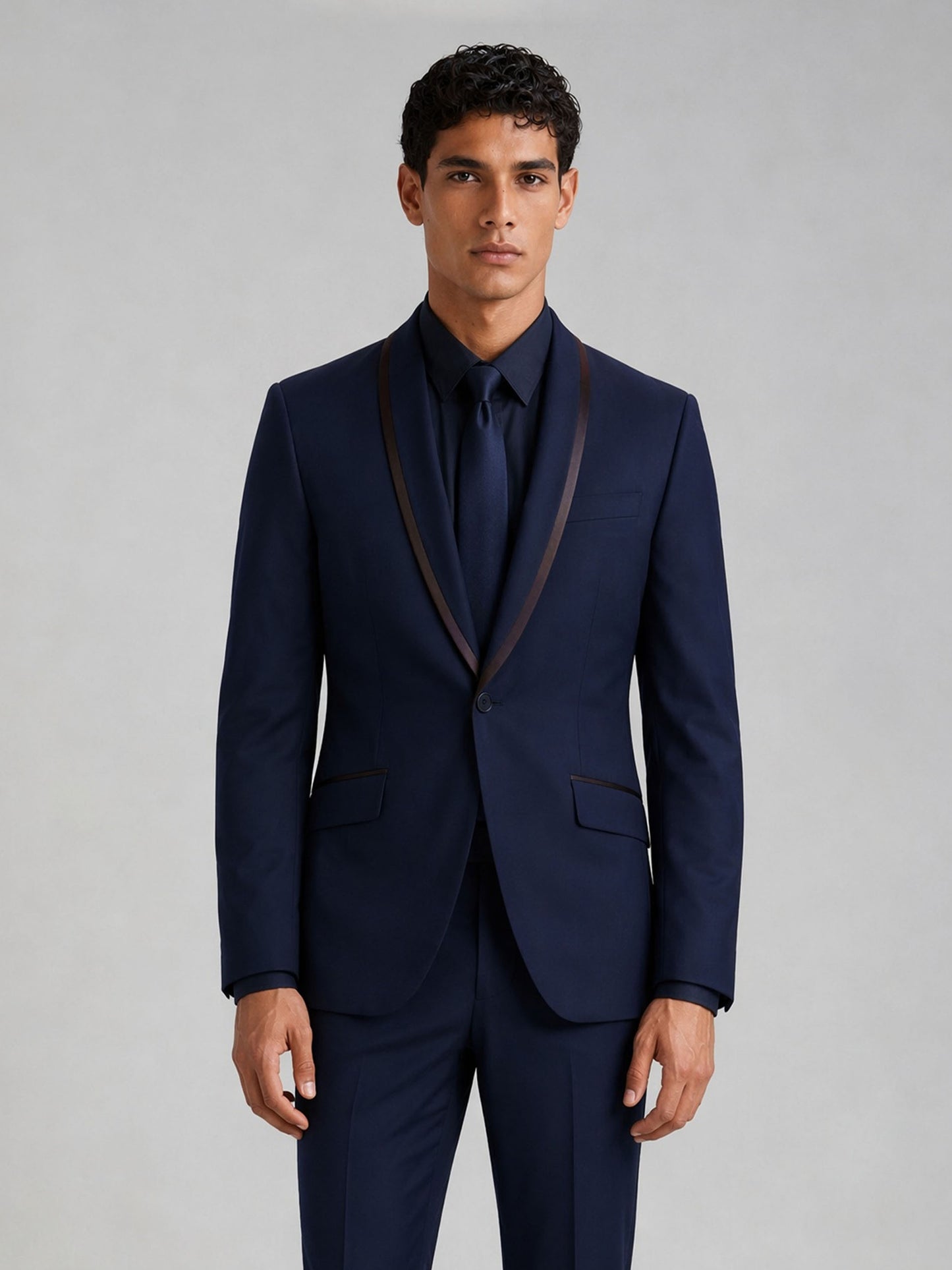 Savile Men's Navy Blue Slim-Fit Tuxedo Suit Set – Half Body Front Detail View