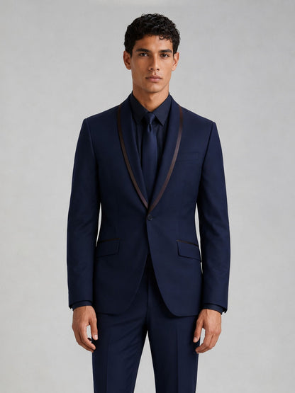 Savile Men's Navy Blue Slim-Fit Tuxedo Suit Set – Half Body Front Detail View
