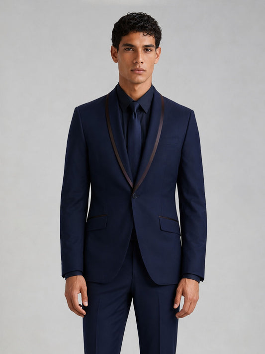 Savile Men's Navy Blue Slim-Fit Tuxedo Suit Set – Half Body Front Detail View