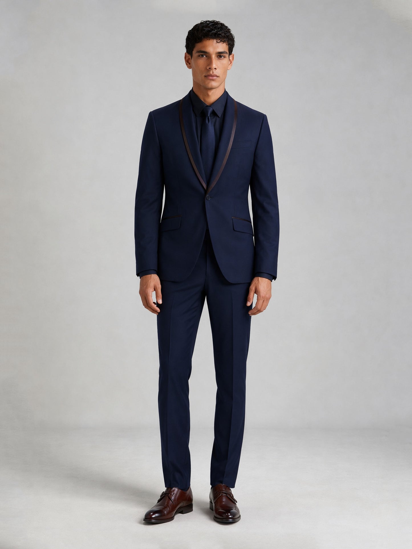 Savile Men's Navy Blue Slim-Fit Tuxedo Suit Set – Full Body Front View
