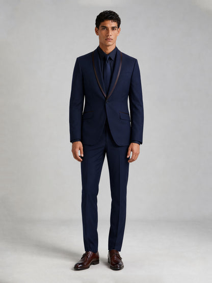 Savile Men's Navy Blue Slim-Fit Tuxedo Suit Set – Full Body Front View