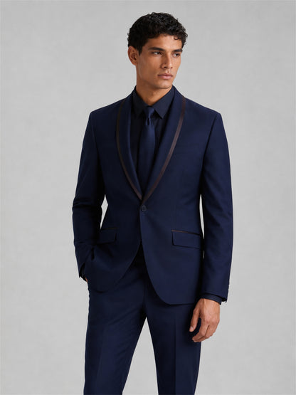 Savile Men's Navy Blue Slim-Fit Tuxedo Suit Set – Three-Quarter Front View