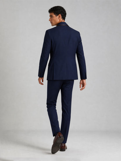 Savile Men's Navy Blue Slim-Fit Tuxedo Suit Set – Hand-in-Pocket Front View