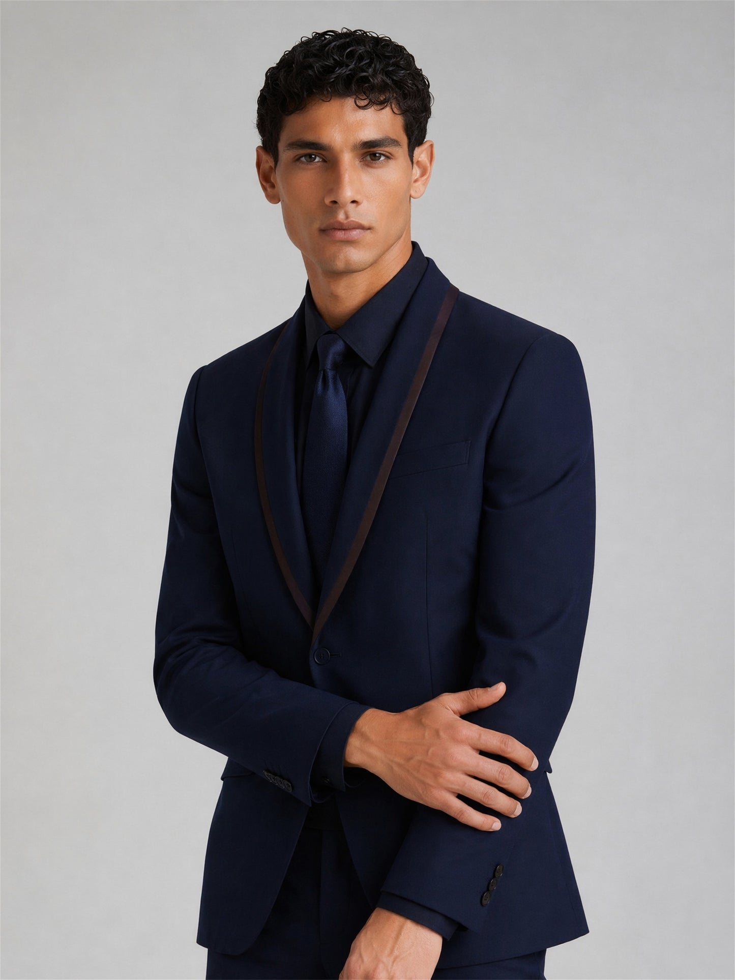Savile Men's Navy Blue Slim-Fit Tuxedo Suit Set – Back Walking View