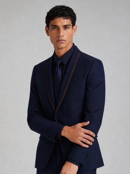 Savile Men's Navy Blue Slim-Fit Tuxedo Suit Set – Back Walking View