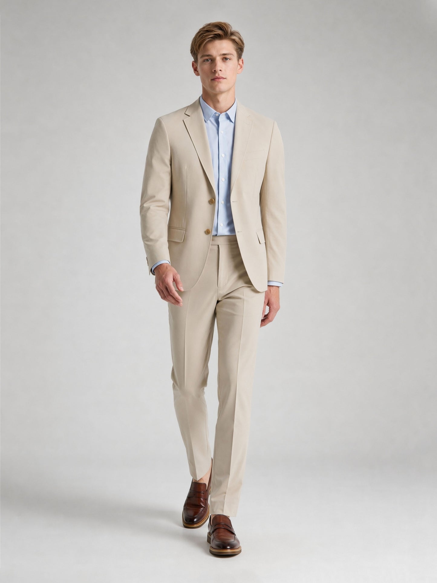 Savile Men's Sand Beige Slim-Fit 2-Piece Suit Set – Full Body Front View