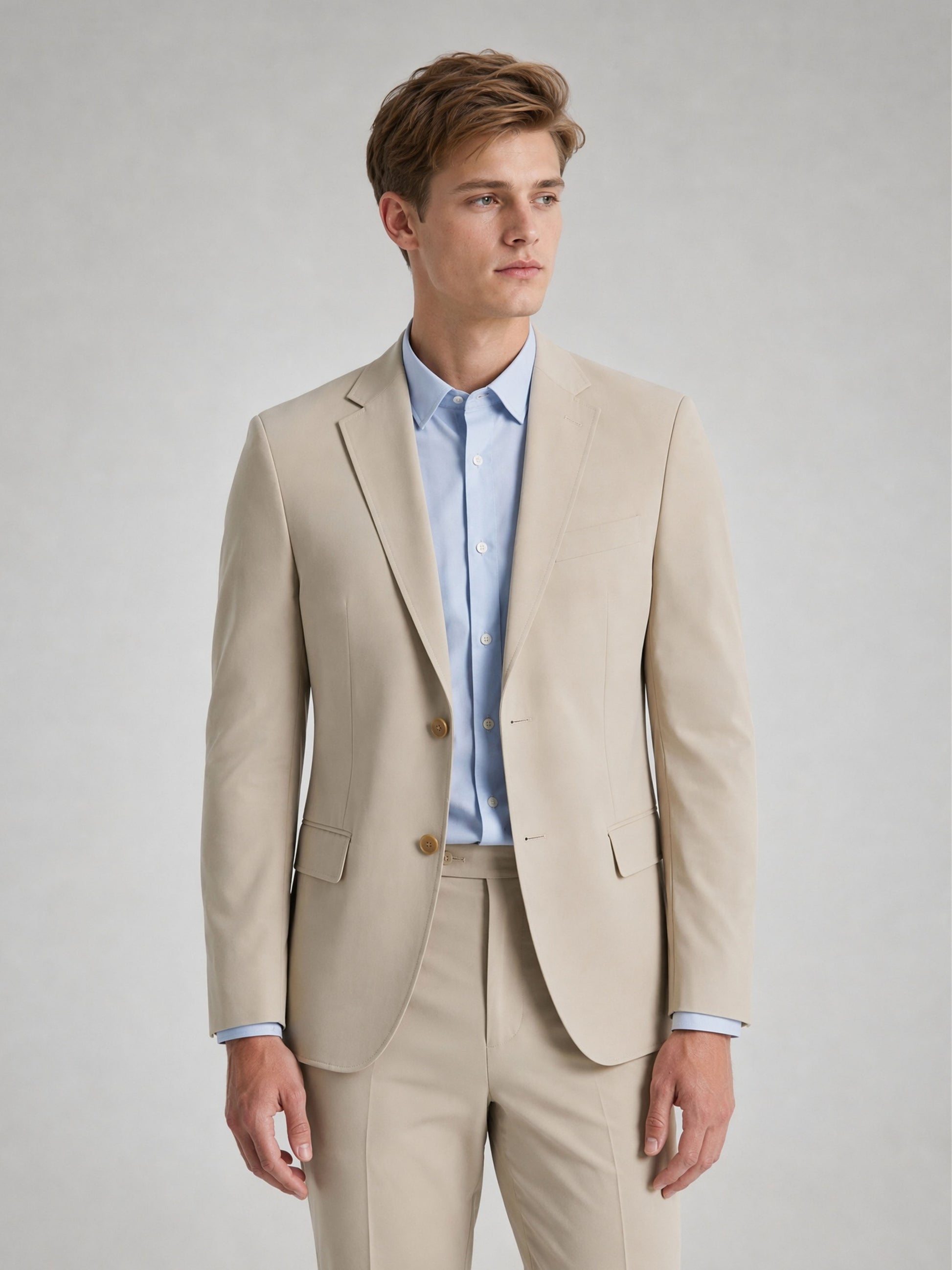 Savile Men's Sand Beige Slim-Fit 2-Piece Suit Set – Walking Full Body View