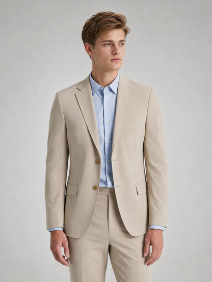 Savile Men's Sand Beige Slim-Fit 2-Piece Suit Set – Walking Full Body View