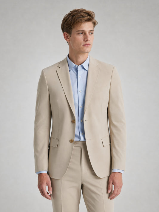 Savile Men's Sand Beige Slim-Fit 2-Piece Suit Set – Walking Full Body View