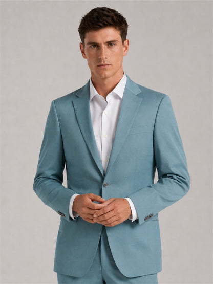 Savile Men's Teal Blue Slim-Fit 2-Piece Suit Set – Half Body Front Detail View