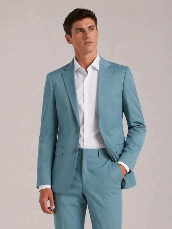Savile Men's Teal Blue Slim-Fit 2-Piece Suit Set – Hand-in-Pocket Front View