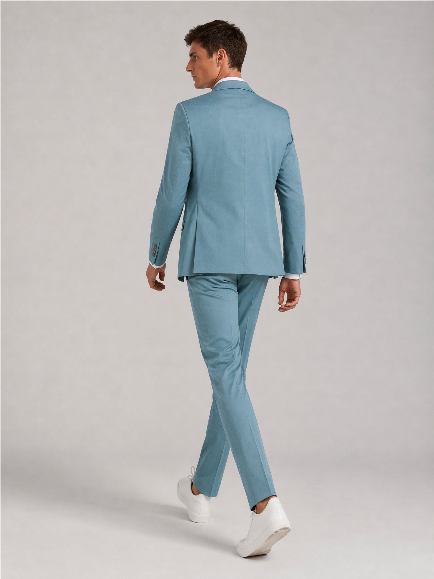 Savile Men's Teal Blue Slim-Fit 2-Piece Suit Set – Back Walking View