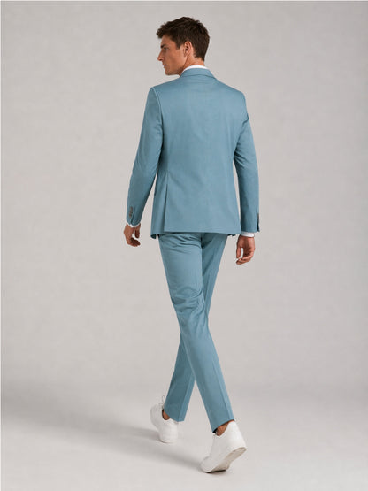 Savile Men's Teal Blue Slim-Fit 2-Piece Suit Set – Back Walking View