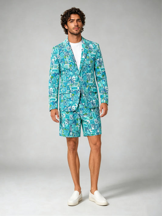 Savile GA0029 Teal Graphic Print Short Suit – Close-up lapel and print detail