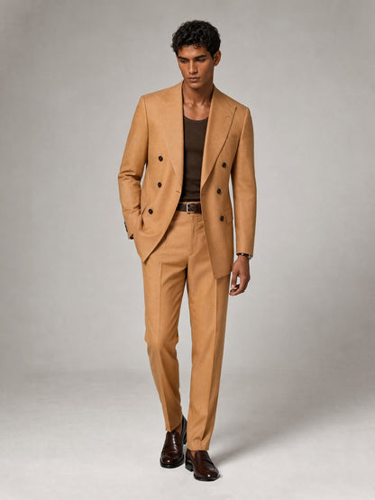 Savile GA0031 Camel Double-Breasted Suit – Front full body, relaxed natural stance