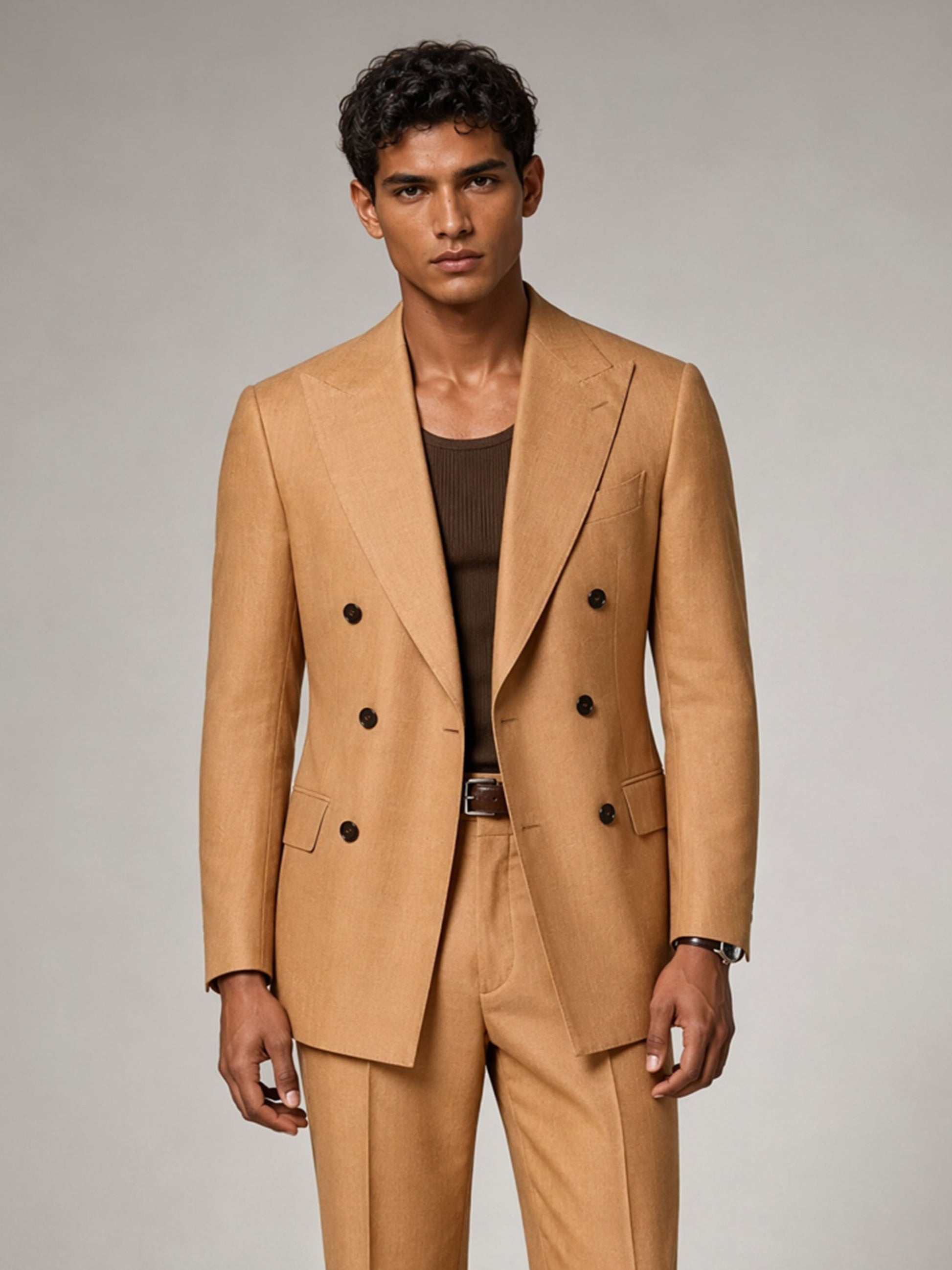 Savile GA0031 Camel Double-Breasted Suit – Front 3/4 view, walking pose