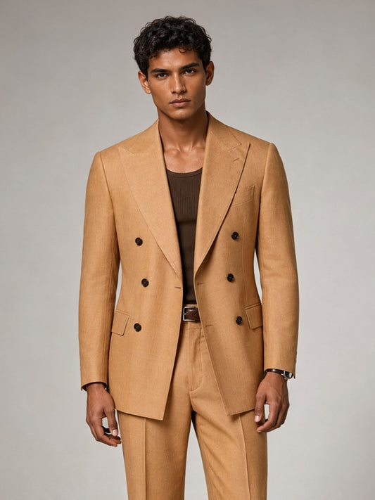 Savile GA0031 Camel Double-Breasted Suit – Front 3/4 view, walking pose